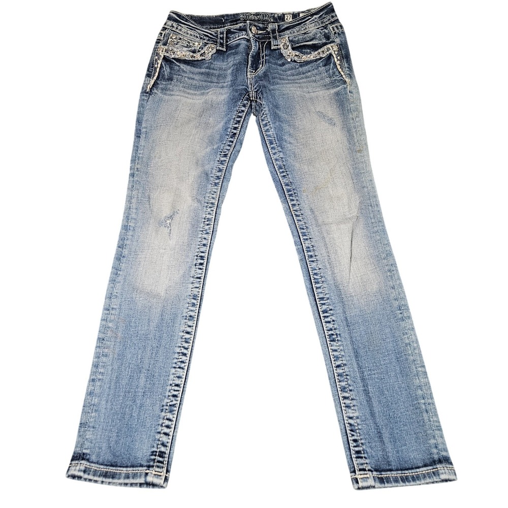 Miss Me Jeans Womens 27 Blue Signature Skinny Embellished Distressed Y2K Denim